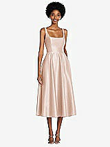 Front View Thumbnail - Cameo Square Neck Full Skirt Satin Midi Dress with Pockets