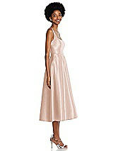 Side View Thumbnail - Cameo Square Neck Full Skirt Satin Midi Dress with Pockets