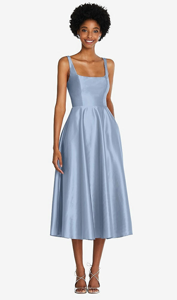 Front View - Cloudy Square Neck Full Skirt Satin Midi Dress with Pockets