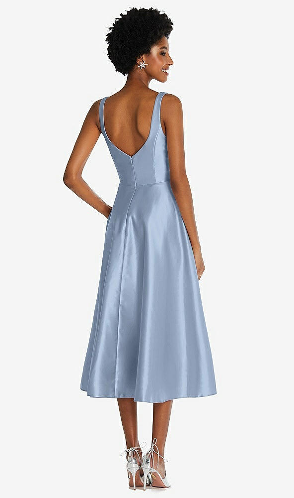 Back View - Cloudy Square Neck Full Skirt Satin Midi Dress with Pockets