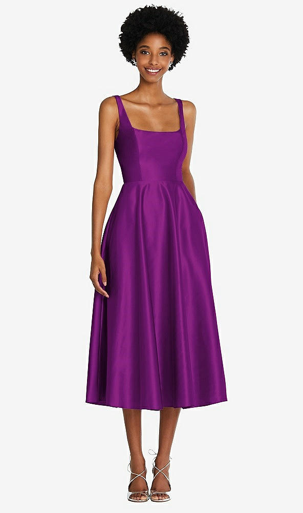 Front View - Dahlia Square Neck Full Skirt Satin Midi Dress with Pockets