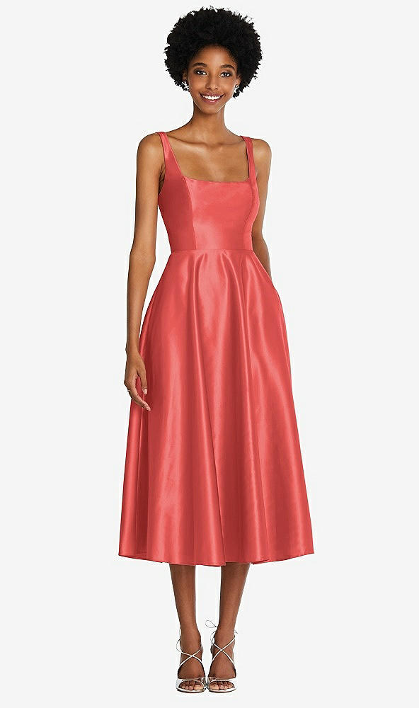 Front View - Perfect Coral Square Neck Full Skirt Satin Midi Dress with Pockets