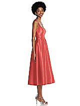 Side View Thumbnail - Perfect Coral Square Neck Full Skirt Satin Midi Dress with Pockets
