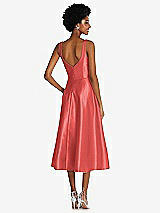 Rear View Thumbnail - Perfect Coral Square Neck Full Skirt Satin Midi Dress with Pockets