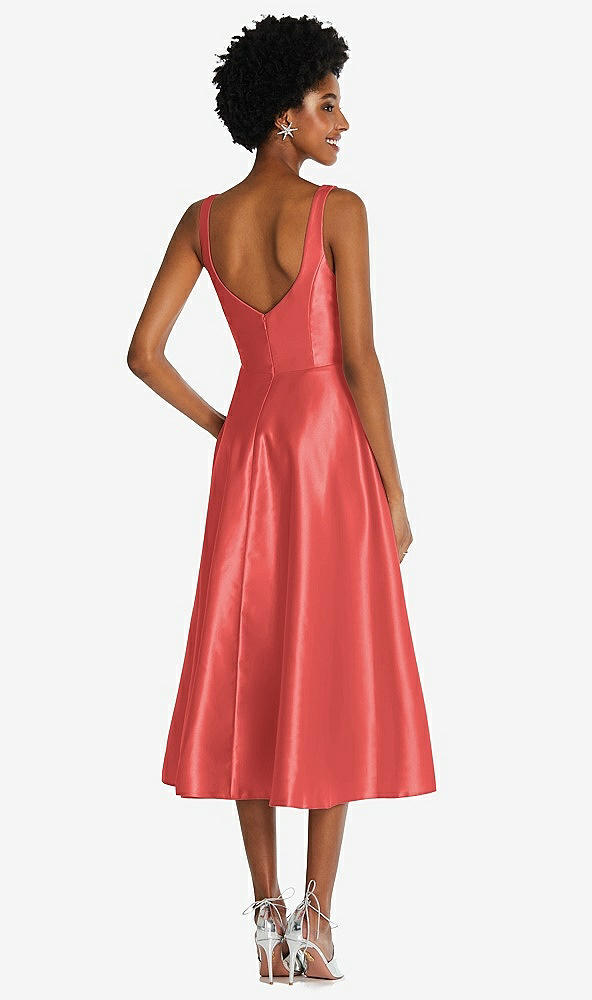 Back View - Perfect Coral Square Neck Full Skirt Satin Midi Dress with Pockets