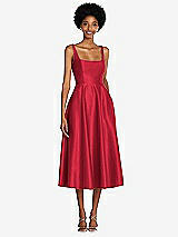 Front View Thumbnail - Flame Square Neck Full Skirt Satin Midi Dress with Pockets