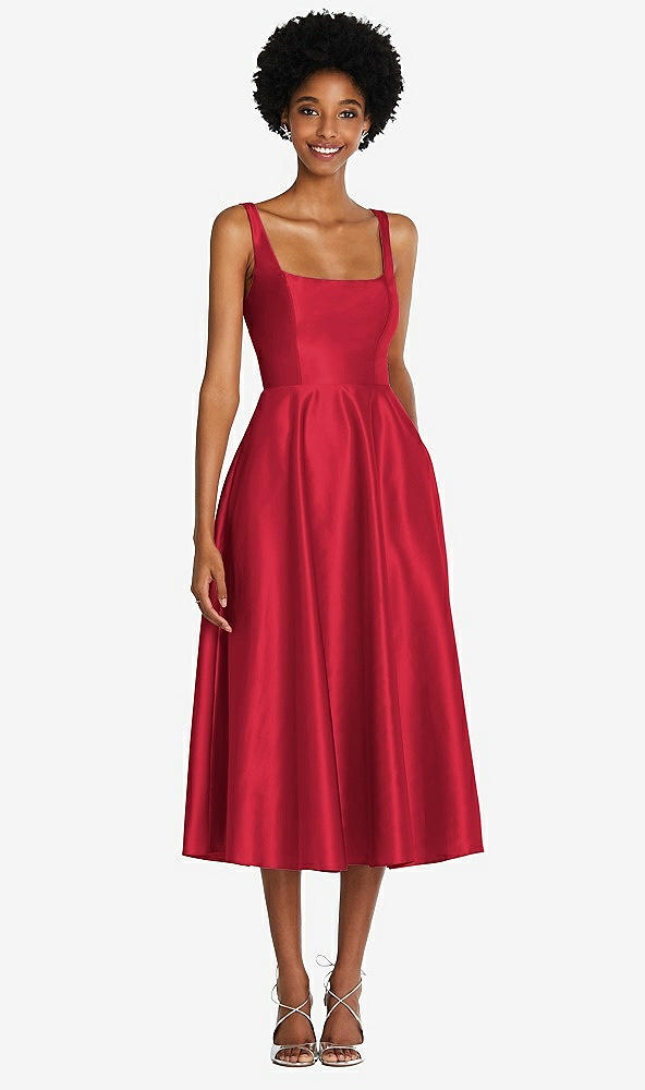 Front View - Flame Square Neck Full Skirt Satin Midi Dress with Pockets