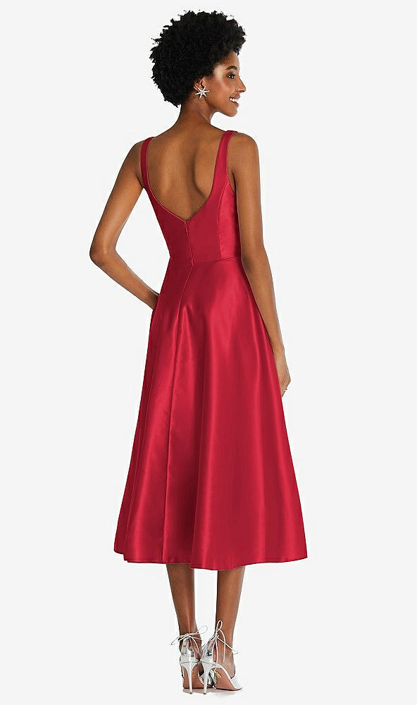 Back View - Flame Square Neck Full Skirt Satin Midi Dress with Pockets