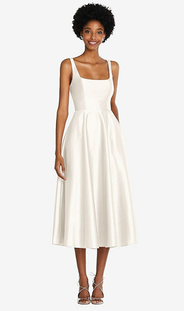 Front View - Ivory Square Neck Full Skirt Satin Midi Dress with Pockets
