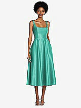 Front View Thumbnail - Pantone Turquoise Square Neck Full Skirt Satin Midi Dress with Pockets