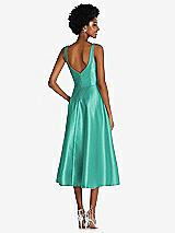 Rear View Thumbnail - Pantone Turquoise Square Neck Full Skirt Satin Midi Dress with Pockets