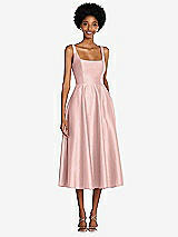 Front View Thumbnail - Rose - PANTONE Rose Quartz Square Neck Full Skirt Satin Midi Dress with Pockets