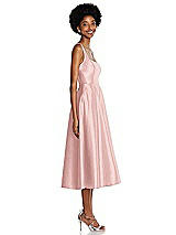 Side View Thumbnail - Rose - PANTONE Rose Quartz Square Neck Full Skirt Satin Midi Dress with Pockets