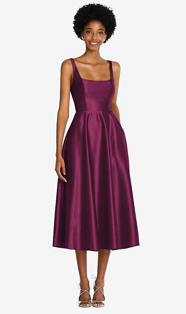 Front View - Ruby Square Neck Full Skirt Satin Midi Dress with Pockets