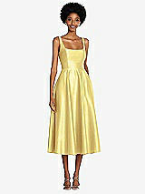 Front View Thumbnail - Sunflower Square Neck Full Skirt Satin Midi Dress with Pockets