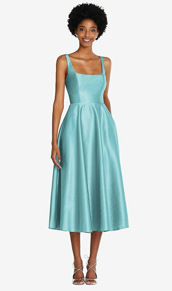 Front View - Spa Square Neck Full Skirt Satin Midi Dress with Pockets