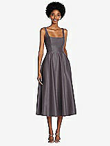 Front View Thumbnail - Stormy Square Neck Full Skirt Satin Midi Dress with Pockets