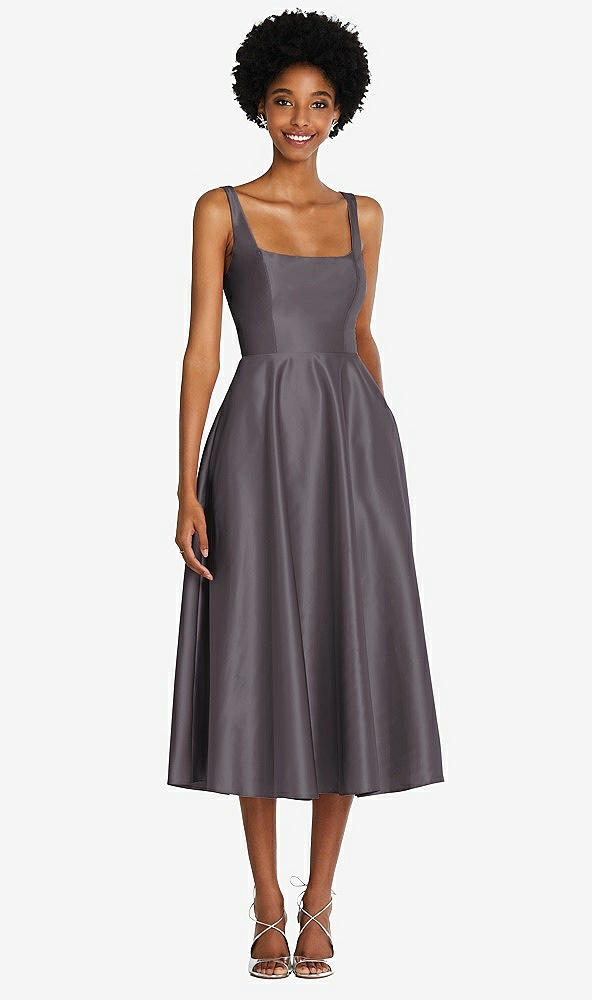 Front View - Stormy Square Neck Full Skirt Satin Midi Dress with Pockets
