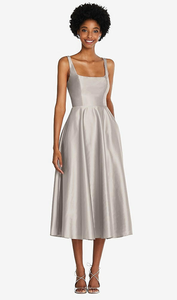 Front View - Taupe Square Neck Full Skirt Satin Midi Dress with Pockets