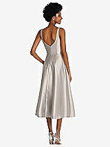 Rear View Thumbnail - Taupe Square Neck Full Skirt Satin Midi Dress with Pockets