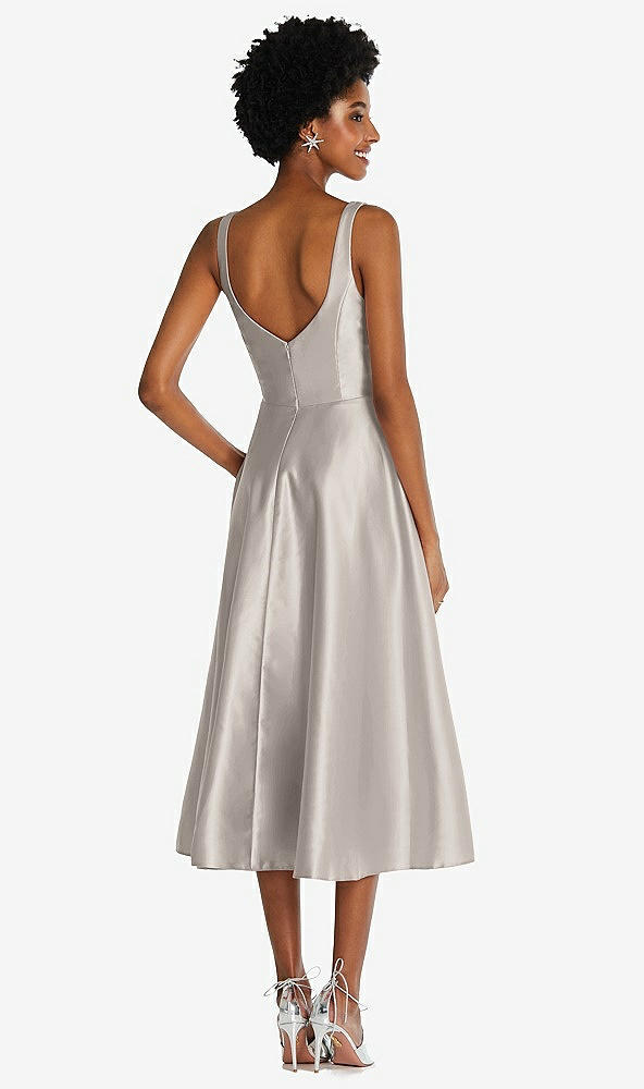 Back View - Taupe Square Neck Full Skirt Satin Midi Dress with Pockets