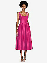 Front View Thumbnail - Think Pink Square Neck Full Skirt Satin Midi Dress with Pockets