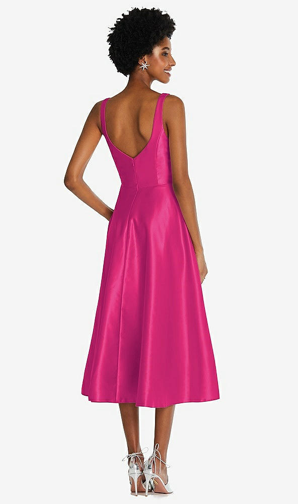 Back View - Think Pink Square Neck Full Skirt Satin Midi Dress with Pockets