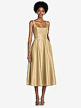 Front View Thumbnail - Venetian Gold Square Neck Full Skirt Satin Midi Dress with Pockets