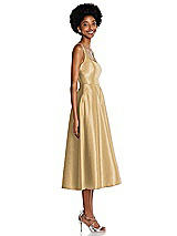 Side View Thumbnail - Venetian Gold Square Neck Full Skirt Satin Midi Dress with Pockets