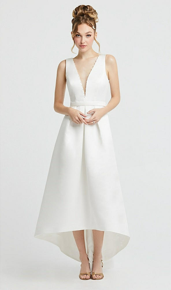 Front View - Off White Deep V-Neck High Low Satin Wedding Dress with Pockets