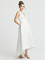 Side View Thumbnail - Off White Deep V-Neck High Low Satin Wedding Dress with Pockets