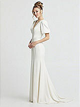 Side View Thumbnail - Ivory Pearl Trimmed V-Neck Mermaid Wedding Dress with Bell Sleeves
