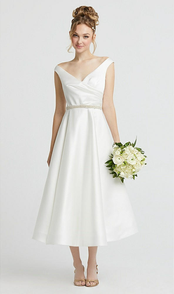 Front View - Off White Draped Off-the-Shoulder Satin Wedding Dress with Beaded Belt