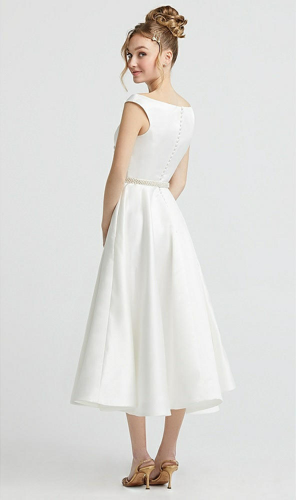 Back View - Off White Draped Off-the-Shoulder Satin Wedding Dress with Beaded Belt