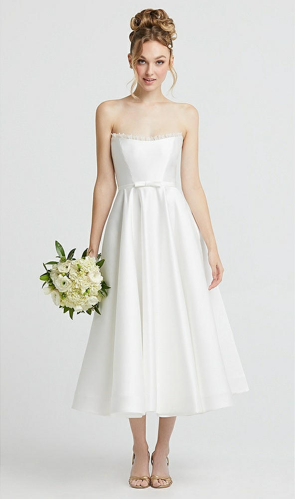 Front View - Off White Ruffle-Trimmed Strapless Satin Wedding Dress with Pockets