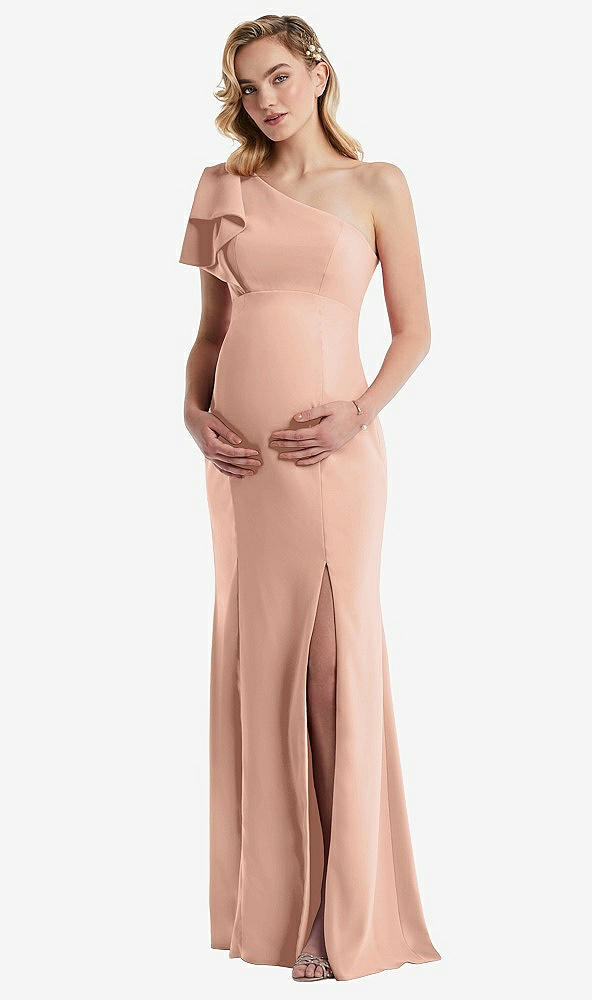 Front View - Pale Peach One-Shoulder Ruffle Sleeve Maternity Trumpet Gown