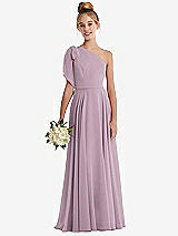 Front View Thumbnail - Suede Rose One-Shoulder Scarf Bow Chiffon Junior Bridesmaid Dress