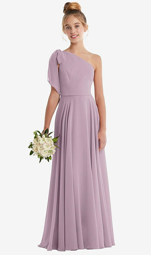 Front View - Suede Rose One-Shoulder Scarf Bow Chiffon Junior Bridesmaid Dress