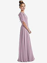 Side View Thumbnail - Suede Rose One-Shoulder Scarf Bow Chiffon Junior Bridesmaid Dress