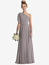 Front View Thumbnail - Cashmere Gray One-Shoulder Scarf Bow Chiffon Junior Bridesmaid Dress