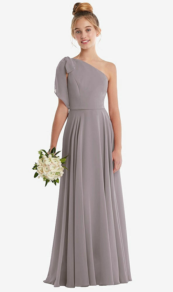 Front View - Cashmere Gray One-Shoulder Scarf Bow Chiffon Junior Bridesmaid Dress