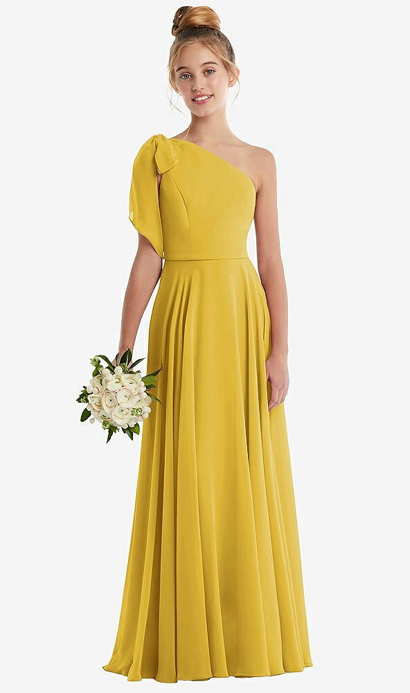 Front View - Marigold One-Shoulder Scarf Bow Chiffon Junior Bridesmaid Dress