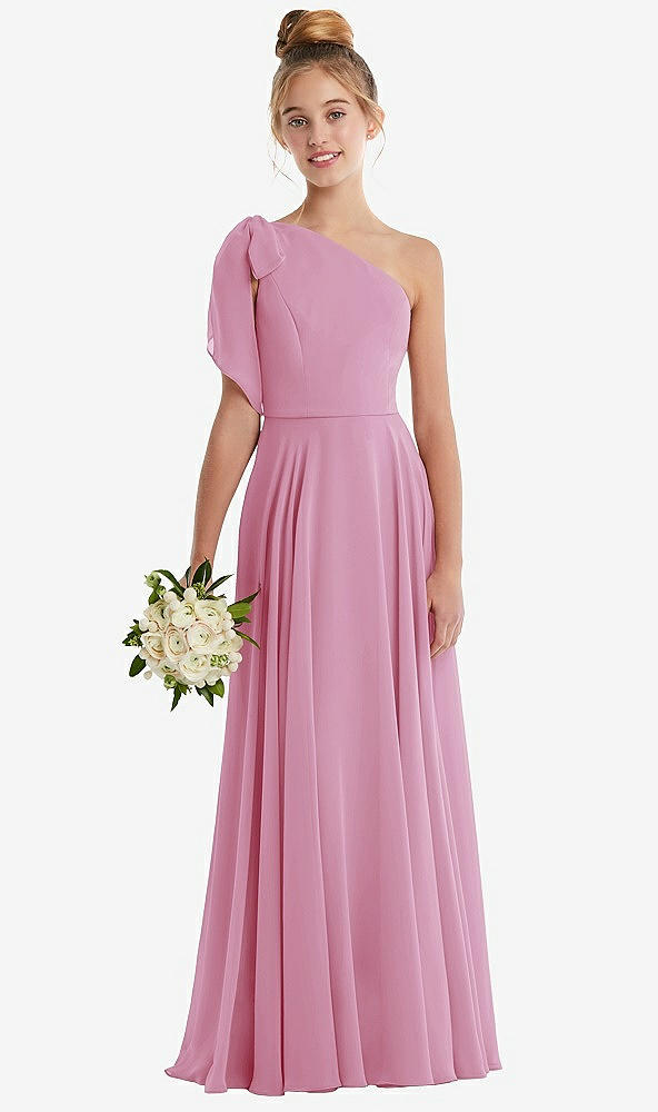 Front View - Powder Pink One-Shoulder Scarf Bow Chiffon Junior Bridesmaid Dress