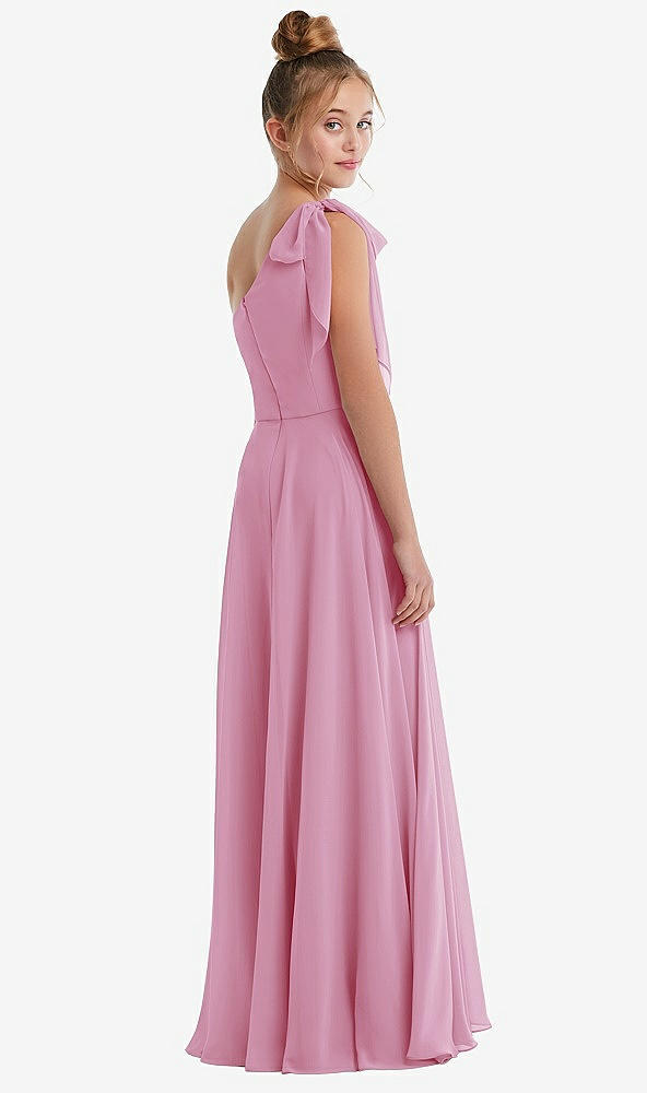 Back View - Powder Pink One-Shoulder Scarf Bow Chiffon Junior Bridesmaid Dress