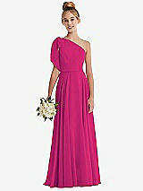 Front View Thumbnail - Think Pink One-Shoulder Scarf Bow Chiffon Junior Bridesmaid Dress