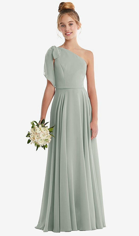 Front View - Willow Green One-Shoulder Scarf Bow Chiffon Junior Bridesmaid Dress