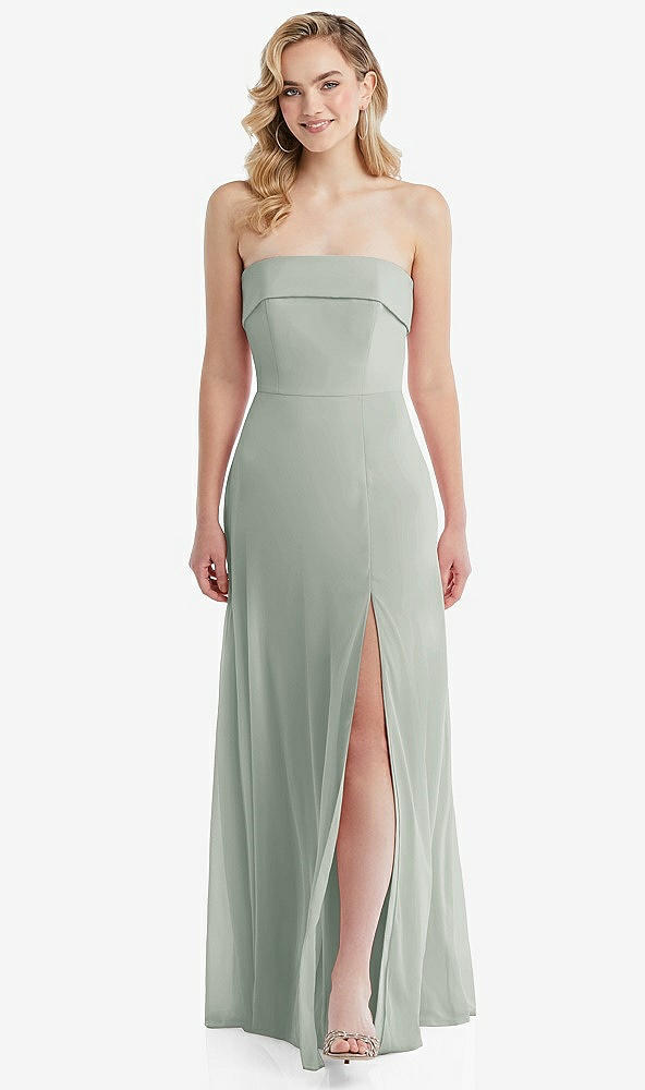 Front View - Willow Green Cuffed Strapless Maxi Dress with Front Slit