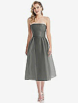 Front View Thumbnail - Charcoal Gray Strapless Pleated Skirt Organdy Midi Dress