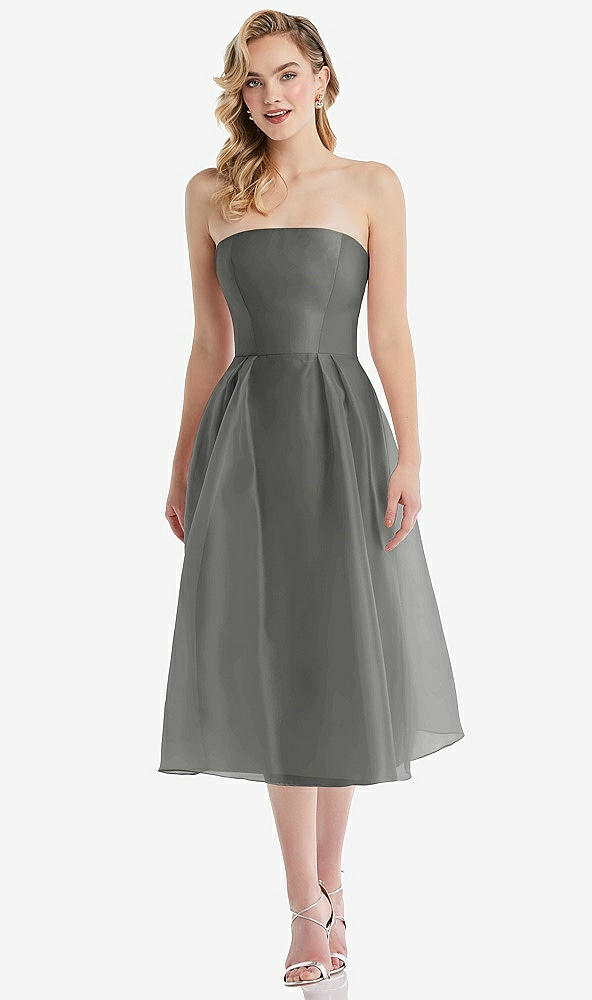 Front View - Charcoal Gray Strapless Pleated Skirt Organdy Midi Dress