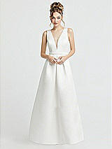 Front View Thumbnail - Off White Pearl-Trimmed Deep V-Neck Satin Wedding Dress with Pockets
